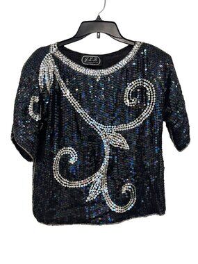 vintage J.L.B. Black Silk Sequin Top With Silver Beaded Swirl Design Size S